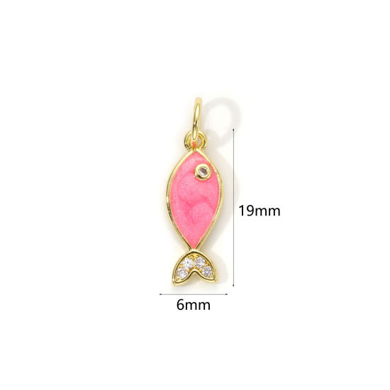 Picture of 1 Piece Eco-friendly Brass Ocean Jewelry Charms 18K Real Gold Plated Pink Enamel Fish Animal Pearlized Clear Cubic Zirconia 19mm x 6mm