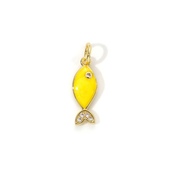 Picture of 1 Piece Eco-friendly Brass Ocean Jewelry Charms 18K Real Gold Plated Yellow Enamel Fish Animal Pearlized Clear Cubic Zirconia 19mm x 6mm