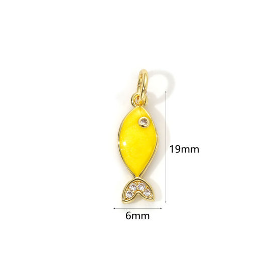 Picture of 1 Piece Eco-friendly Brass Ocean Jewelry Charms 18K Real Gold Plated Yellow Enamel Fish Animal Pearlized Clear Cubic Zirconia 19mm x 6mm
