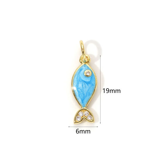 Picture of 1 Piece Eco-friendly Brass Ocean Jewelry Charms 18K Real Gold Plated Blue Enamel Fish Animal Pearlized Clear Cubic Zirconia 19mm x 6mm