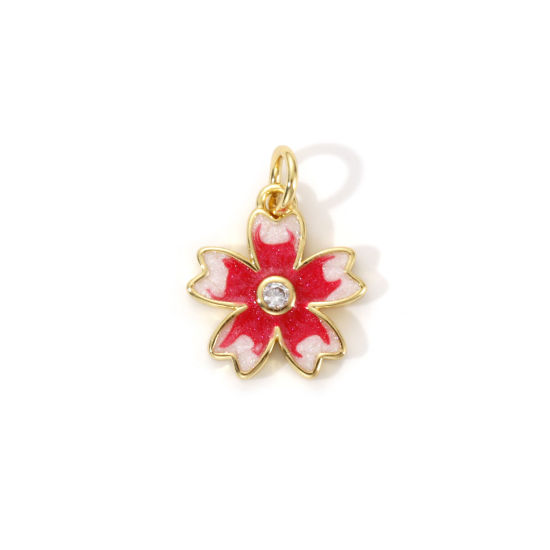 Picture of 2 PCs Eco-friendly Brass Charms 18K Real Gold Plated Red Enamel Sakura Flower Pearlized 17mm x 13mm