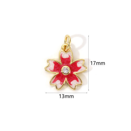 Picture of 2 PCs Eco-friendly Brass Charms 18K Real Gold Plated Red Enamel Sakura Flower Pearlized 17mm x 13mm