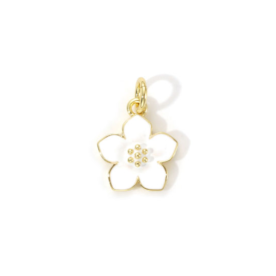 Picture of 2 PCs Eco-friendly Brass Charms 18K Real Gold Plated White Enamel Flower 16mm x 11mm