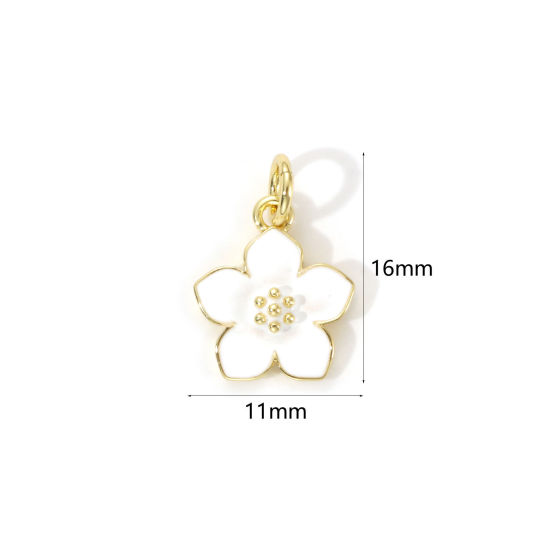 Picture of 2 PCs Eco-friendly Brass Charms 18K Real Gold Plated White Enamel Flower 16mm x 11mm