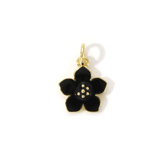 Picture of 2 PCs Eco-friendly Brass Charms 18K Real Gold Plated Black Enamel Flower 16mm x 11mm