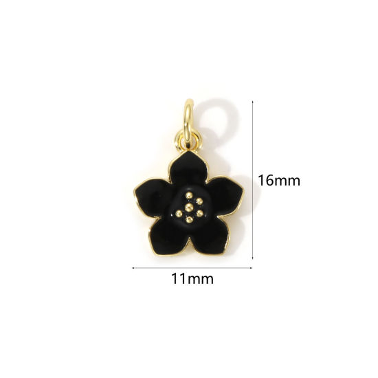 Picture of 2 PCs Eco-friendly Brass Charms 18K Real Gold Plated Black Enamel Flower 16mm x 11mm