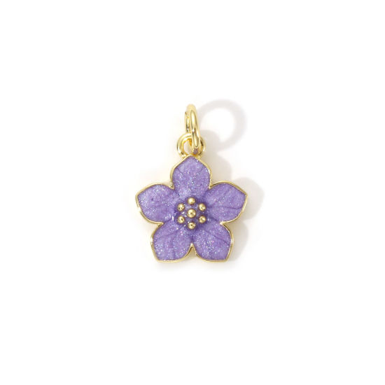 Picture of 2 PCs Eco-friendly Brass Charms 18K Real Gold Plated Purple Enamel Flower 16mm x 11mm