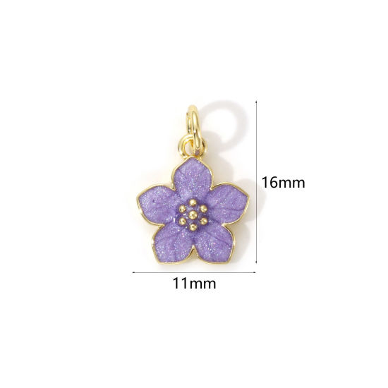 Picture of 2 PCs Eco-friendly Brass Charms 18K Real Gold Plated Purple Enamel Flower 16mm x 11mm
