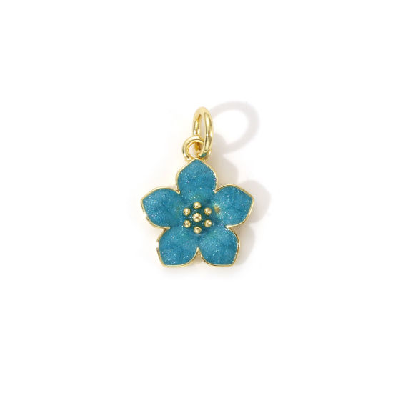 Picture of 2 PCs Eco-friendly Brass Charms 18K Real Gold Plated Green Blue Enamel Flower 16mm x 11mm