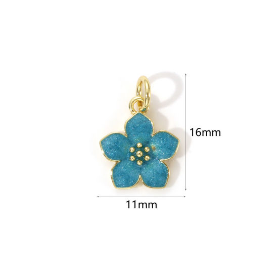 Picture of 2 PCs Eco-friendly Brass Charms 18K Real Gold Plated Green Blue Enamel Flower 16mm x 11mm