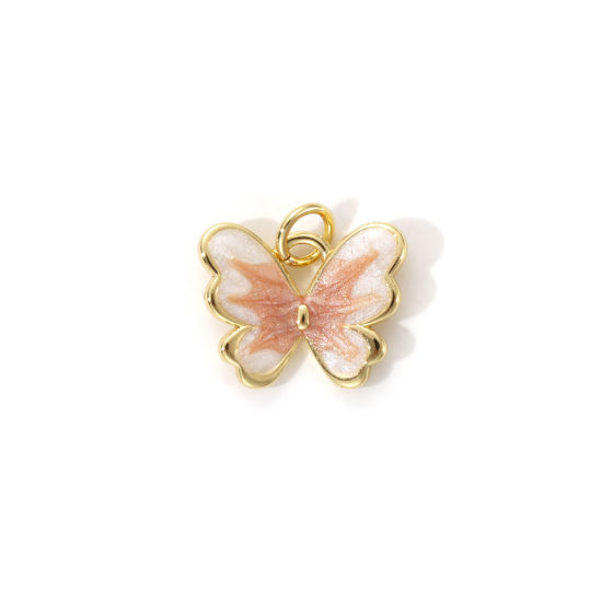 Picture of 2 PCs Eco-friendly Brass Insect Charms 18K Real Gold Plated Light Beige Enamel Butterfly Animal Pearlized 15mm x 15mm