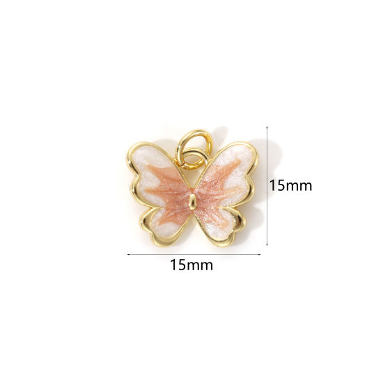 Picture of 2 PCs Eco-friendly Brass Insect Charms 18K Real Gold Plated Light Beige Enamel Butterfly Animal Pearlized 15mm x 15mm