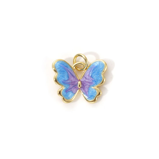 Picture of 2 PCs Eco-friendly Brass Insect Charms 18K Real Gold Plated Blue Enamel Butterfly Animal Pearlized 15mm x 15mm
