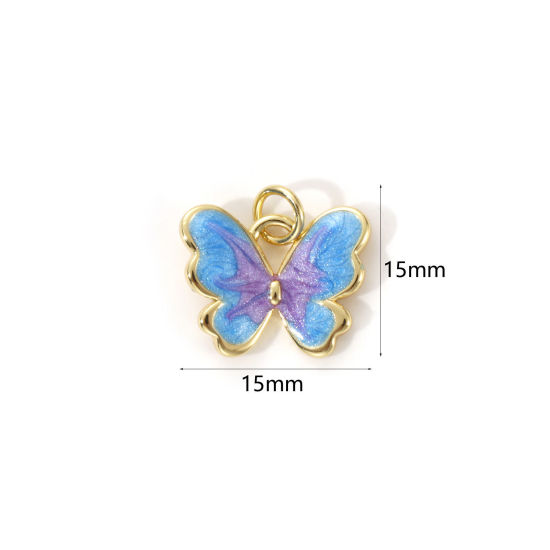 Picture of 2 PCs Eco-friendly Brass Insect Charms 18K Real Gold Plated Blue Enamel Butterfly Animal Pearlized 15mm x 15mm