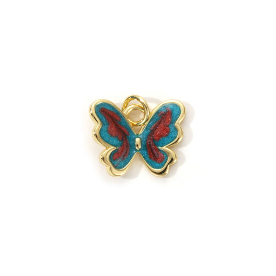 Picture of 2 PCs Eco-friendly Brass Insect Charms 18K Real Gold Plated Green Enamel Butterfly Animal Pearlized 15mm x 15mm