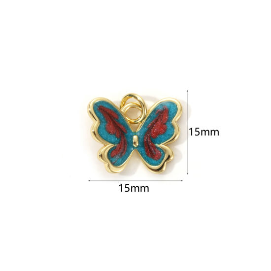 Picture of 2 PCs Eco-friendly Brass Insect Charms 18K Real Gold Plated Green Enamel Butterfly Animal Pearlized 15mm x 15mm
