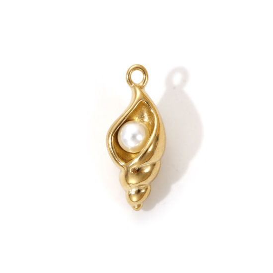 Picture of 1 Piece Eco-friendly PVD Vacuum Plating Waterproof Anti-Tarnish Hypoallergenic 304 Stainless Steel Charms 18K Real Gold Plated White Conch/ Sea Snail Acrylic Imitation Pearl 22mm x 9mm