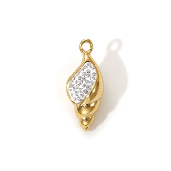 Picture of 1 Piece Eco-friendly PVD Vacuum Plating Waterproof Anti-Tarnish Hypoallergenic 304 Stainless Steel Charms 18K Real Gold Plated White Enamel Conch/ Sea Snail Clear Cubic Zirconia 22mm x 9mm