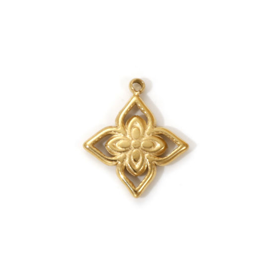 Picture of 1 Piece Eco-friendly PVD Vacuum Plating Waterproof Anti-Tarnish Hypoallergenic 304 Stainless Steel Charms 18K Real Gold Plated Flower Hollow 14.5mm x 12.5mm