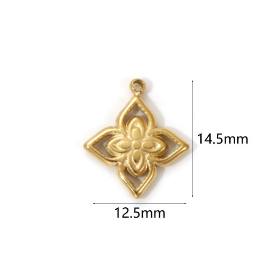 Picture of 1 Piece Eco-friendly PVD Vacuum Plating Waterproof Anti-Tarnish Hypoallergenic 304 Stainless Steel Charms 18K Real Gold Plated Flower Hollow 14.5mm x 12.5mm