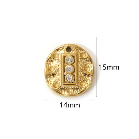 Picture of 1 Piece Eco-friendly PVD Vacuum Plating Waterproof Anti-Tarnish Hypoallergenic 304 Stainless Steel Charms 18K Real Gold Plated Oval Hammered Clear Cubic Zirconia 15mm x 14mm