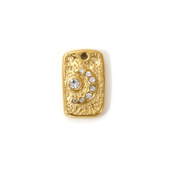 Picture of 1 Piece Eco-friendly PVD Vacuum Plating Waterproof Anti-Tarnish Hypoallergenic 304 Stainless Steel Galaxy Charms 18K Real Gold Plated Rectangle Moon Clear Cubic Zirconia 15.5mm x 9.5mm