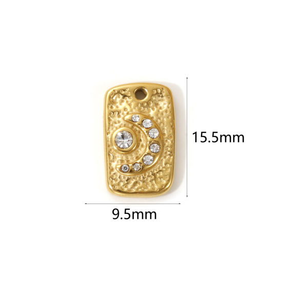 Picture of 1 Piece Eco-friendly PVD Vacuum Plating Waterproof Anti-Tarnish Hypoallergenic 304 Stainless Steel Galaxy Charms 18K Real Gold Plated Rectangle Moon Clear Cubic Zirconia 15.5mm x 9.5mm