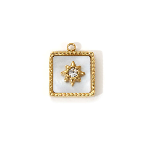 Picture of 1 Piece Eco-friendly PVD Vacuum Plating Waterproof Anti-Tarnish Hypoallergenic 304 Stainless Steel & Natural Shell Galaxy Charms 18K Real Gold Plated White Square Star Micro Pave Clear Cubic Zirconia 14mm x 12mm