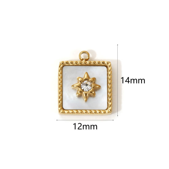 Picture of 1 Piece Eco-friendly PVD Vacuum Plating Waterproof Anti-Tarnish Hypoallergenic 304 Stainless Steel & Natural Shell Galaxy Charms 18K Real Gold Plated White Square Star Micro Pave Clear Cubic Zirconia 14mm x 12mm