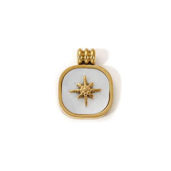 Picture of 1 Piece Eco-friendly PVD Vacuum Plating Waterproof Anti-Tarnish Hypoallergenic 304 Stainless Steel & Natural Shell Galaxy Charms 18K Real Gold Plated White Square Star 18mm x 14mm