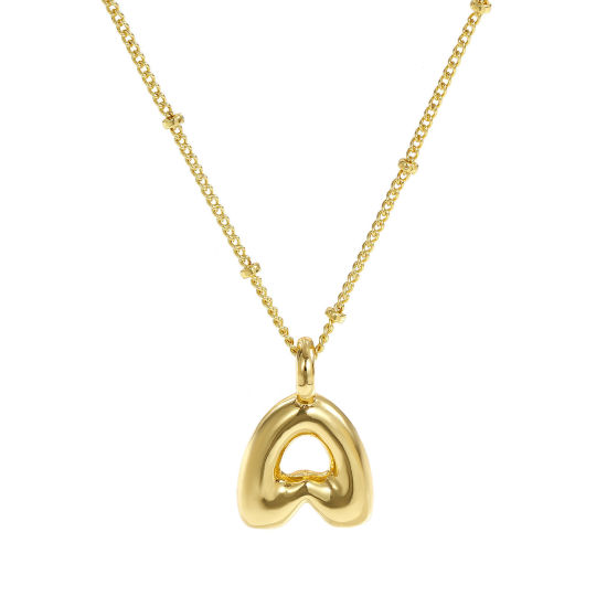 Image de Collier à Breloques Alphabet Majuscule Lettre Initiale Plaqué Or Véritable 18K en Laiton Pour Femmes, Chaîne Maille Cheval 45cm + 5cm, Message " A " Exquis Cadeau, Respectueux de la Nature, 1 Pièce