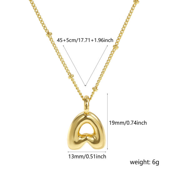 Image de Collier à Breloques Alphabet Majuscule Lettre Initiale Plaqué Or Véritable 18K en Laiton Pour Femmes, Chaîne Maille Cheval 45cm + 5cm, Message " A " Exquis Cadeau, Respectueux de la Nature, 1 Pièce