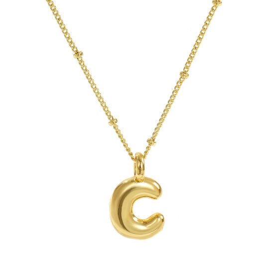 Image de Collier à Breloques Alphabet Majuscule Lettre Initiale Plaqué Or Véritable 18K en Laiton Pour Femmes, Chaîne Maille Cheval 45cm + 5cm, Message " C " Exquis Cadeau, Respectueux de la Nature, 1 Pièce