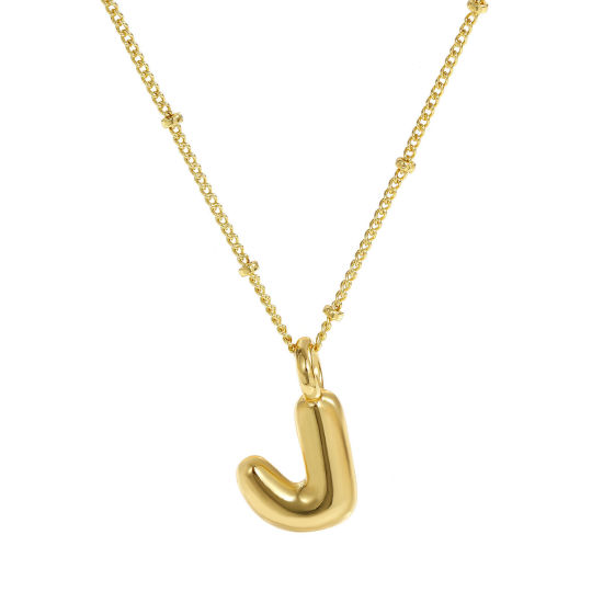 Image de Collier à Breloques Alphabet Majuscule Lettre Initiale Plaqué Or Véritable 18K en Laiton Pour Femmes, Chaîne Maille Cheval 45cm + 5cm, Message " J " Exquis Cadeau, Respectueux de la Nature, 1 Pièce