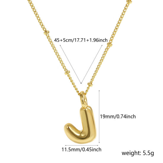 Image de Collier à Breloques Alphabet Majuscule Lettre Initiale Plaqué Or Véritable 18K en Laiton Pour Femmes, Chaîne Maille Cheval 45cm + 5cm, Message " J " Exquis Cadeau, Respectueux de la Nature, 1 Pièce