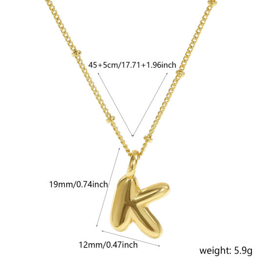 Image de Collier à Breloques Alphabet Majuscule Lettre Initiale Plaqué Or Véritable 18K en Laiton Pour Femmes, Chaîne Maille Cheval 45cm + 5cm, Message " K " Exquis Cadeau, Respectueux de la Nature, 1 Pièce