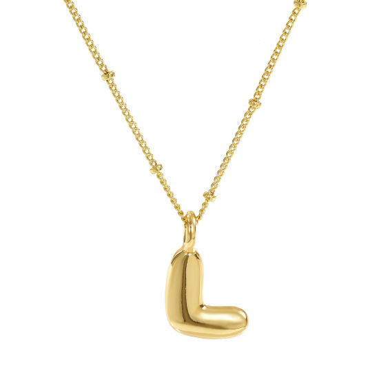 Image de Collier à Breloques Alphabet Majuscule Lettre Initiale Plaqué Or Véritable 18K en Laiton Pour Femmes, Chaîne Maille Cheval 45cm + 5cm, Message " L " Exquis Cadeau, Respectueux de la Nature, 1 Pièce