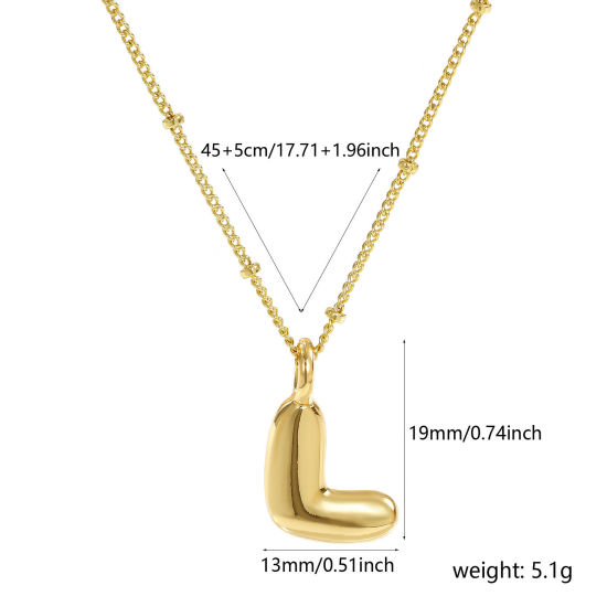 Image de Collier à Breloques Alphabet Majuscule Lettre Initiale Plaqué Or Véritable 18K en Laiton Pour Femmes, Chaîne Maille Cheval 45cm + 5cm, Message " L " Exquis Cadeau, Respectueux de la Nature, 1 Pièce
