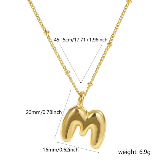 Image de Collier à Breloques Alphabet Majuscule Lettre Initiale Plaqué Or Véritable 18K en Laiton Pour Femmes, Chaîne Maille Cheval 45cm + 5cm, Message " M " Exquis Cadeau, Respectueux de la Nature, 1 Pièce