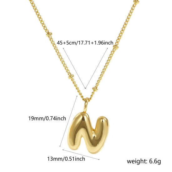 Image de Collier à Breloques Alphabet Majuscule Lettre Initiale Plaqué Or Véritable 18K en Laiton Pour Femmes, Chaîne Maille Cheval 45cm + 5cm, Message " N " Exquis Cadeau, Respectueux de la Nature, 1 Pièce