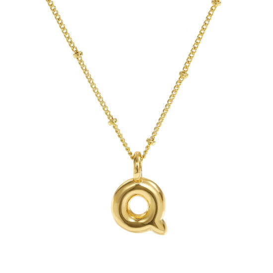 Image de Collier à Breloques Alphabet Majuscule Lettre Initiale Plaqué Or Véritable 18K en Laiton Pour Femmes, Chaîne Maille Cheval 45cm + 5cm, Message " Q " Exquis Cadeau, Respectueux de la Nature, 1 Pièce