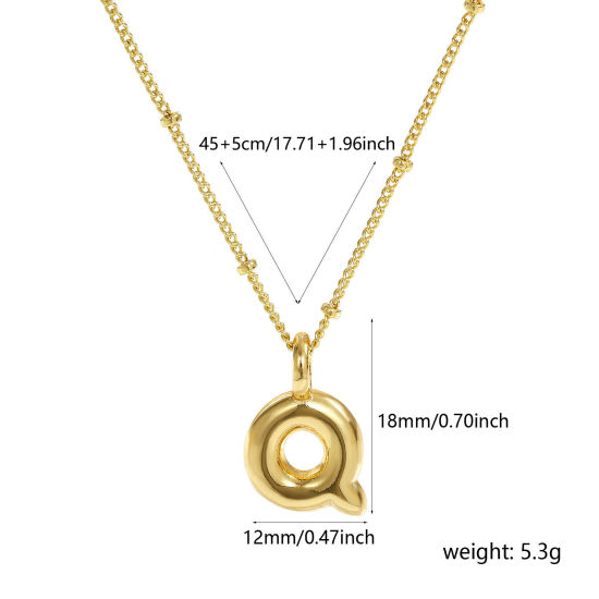 Image de Collier à Breloques Alphabet Majuscule Lettre Initiale Plaqué Or Véritable 18K en Laiton Pour Femmes, Chaîne Maille Cheval 45cm + 5cm, Message " Q " Exquis Cadeau, Respectueux de la Nature, 1 Pièce