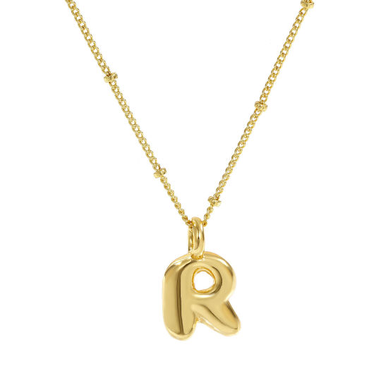Image de Collier à Breloques Alphabet Majuscule Lettre Initiale Plaqué Or Véritable 18K en Laiton Pour Femmes, Chaîne Maille Cheval 45cm + 5cm, Message " R " Exquis Cadeau, Respectueux de la Nature, 1 Pièce