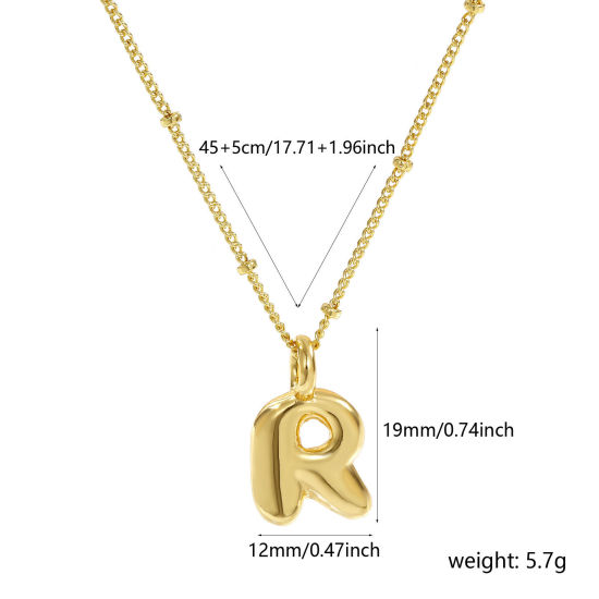 Image de Collier à Breloques Alphabet Majuscule Lettre Initiale Plaqué Or Véritable 18K en Laiton Pour Femmes, Chaîne Maille Cheval 45cm + 5cm, Message " R " Exquis Cadeau, Respectueux de la Nature, 1 Pièce