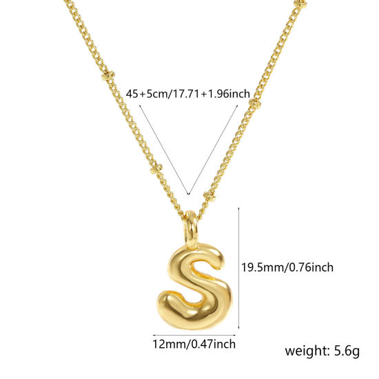 Image de Collier à Breloques Alphabet Majuscule Lettre Initiale Plaqué Or Véritable 18K en Laiton Pour Femmes, Chaîne Maille Cheval 45cm + 5cm, Message " S " Exquis Cadeau, Respectueux de la Nature, 1 Pièce