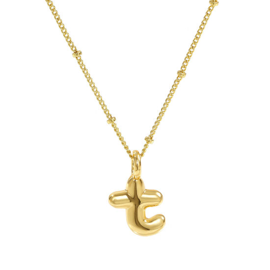 Image de Collier à Breloques Alphabet Majuscule Lettre Initiale Plaqué Or Véritable 18K en Laiton Pour Femmes, Chaîne Maille Cheval 45cm + 5cm, Message " T " Exquis Cadeau, Respectueux de la Nature, 1 Pièce