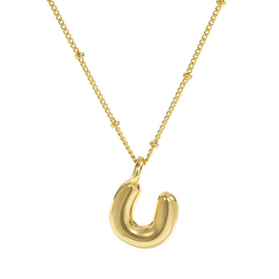 Image de Collier à Breloques Alphabet Majuscule Lettre Initiale Plaqué Or Véritable 18K en Laiton Pour Femmes, Chaîne Maille Cheval 45cm + 5cm, Message " U " Exquis Cadeau, Respectueux de la Nature, 1 Pièce