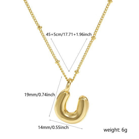Image de Collier à Breloques Alphabet Majuscule Lettre Initiale Plaqué Or Véritable 18K en Laiton Pour Femmes, Chaîne Maille Cheval 45cm + 5cm, Message " U " Exquis Cadeau, Respectueux de la Nature, 1 Pièce