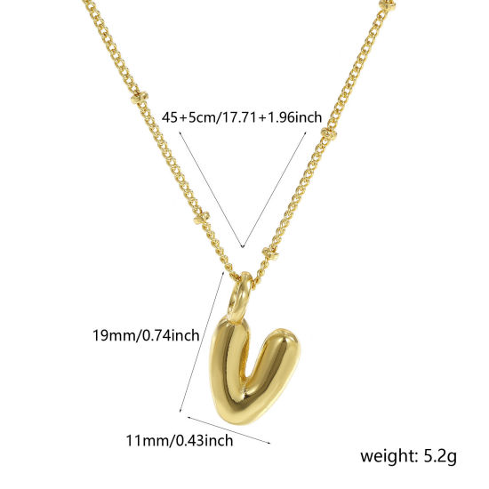 Image de Collier à Breloques Alphabet Majuscule Lettre Initiale Plaqué Or Véritable 18K en Laiton Pour Femmes, Chaîne Maille Cheval 45cm + 5cm, Message " V " Exquis Cadeau, Respectueux de la Nature, 1 Pièce
