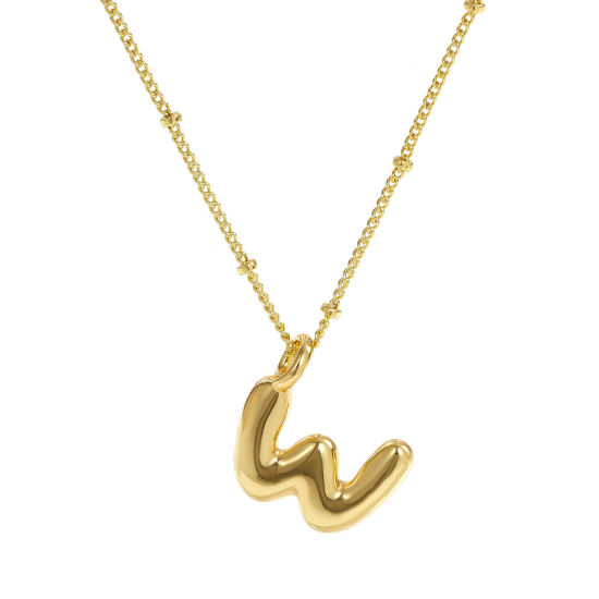 Image de Collier à Breloques Alphabet Majuscule Lettre Initiale Plaqué Or Véritable 18K en Laiton Pour Femmes, Chaîne Maille Cheval 45cm + 5cm, Message " W " Exquis Cadeau, Respectueux de la Nature, 1 Pièce